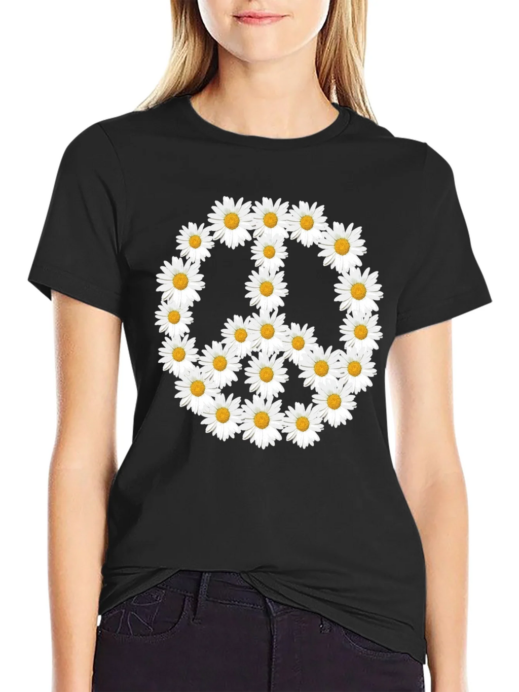 Daisy Peace Sign T-Shirt - Black Crew Neck product image 2