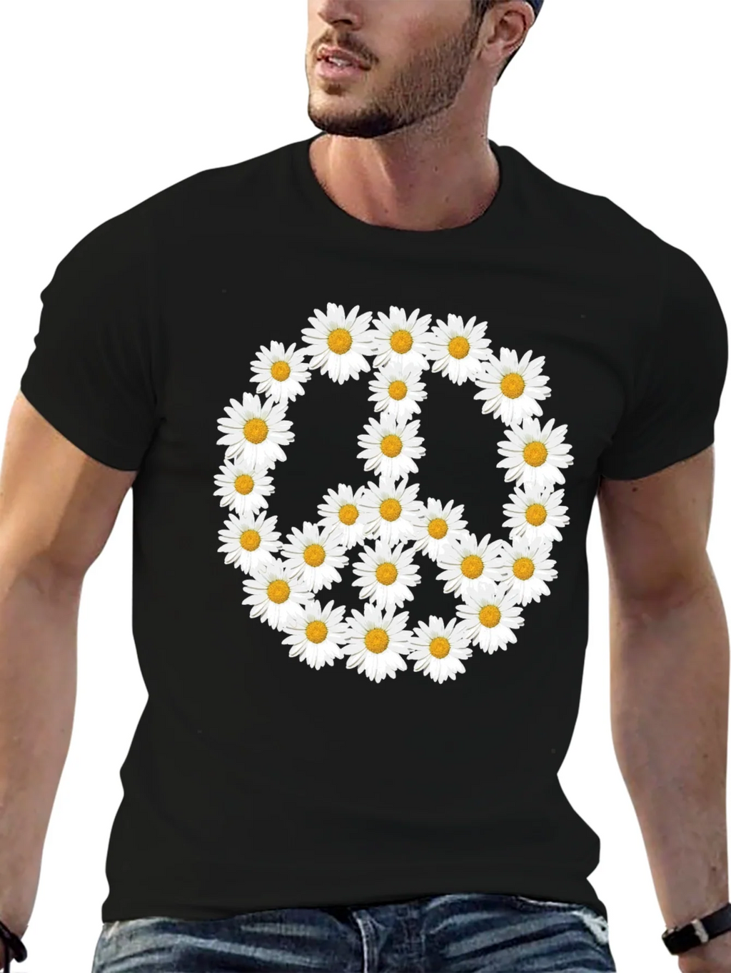 Daisy Peace Sign T-Shirt - Black Crew Neck product image 6