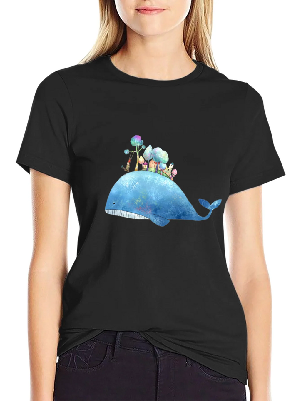 Whimsical Whale Island Graphic Tee - Black product image 2