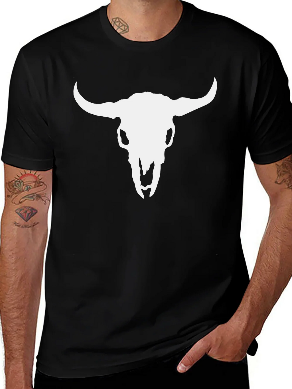 White Bull Skull Graphic Black T-Shirt product image 1