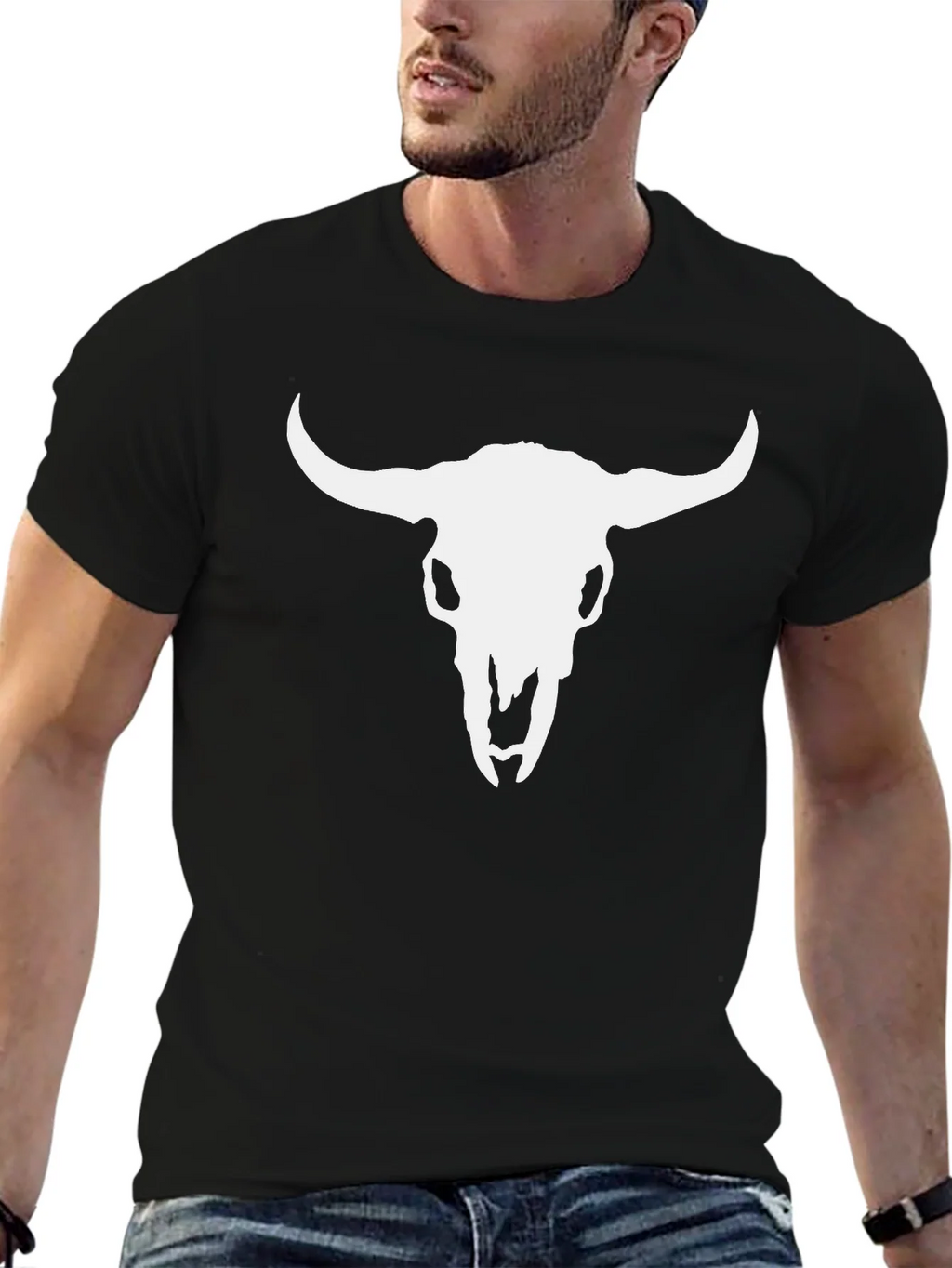 White Bull Skull Graphic Black T-Shirt product image 6