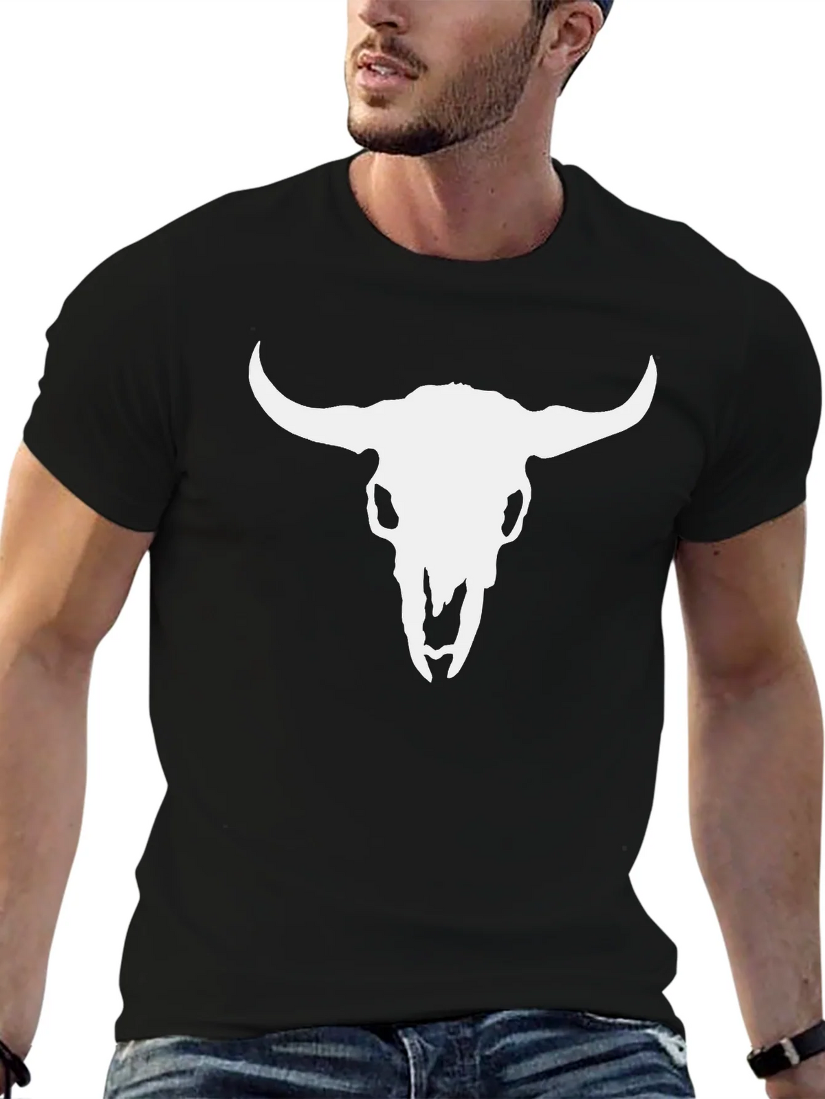 White Bull Skull Graphic Black T-Shirt product image 6