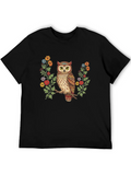 Owl and Floral Print Black T-Shirt product image 1