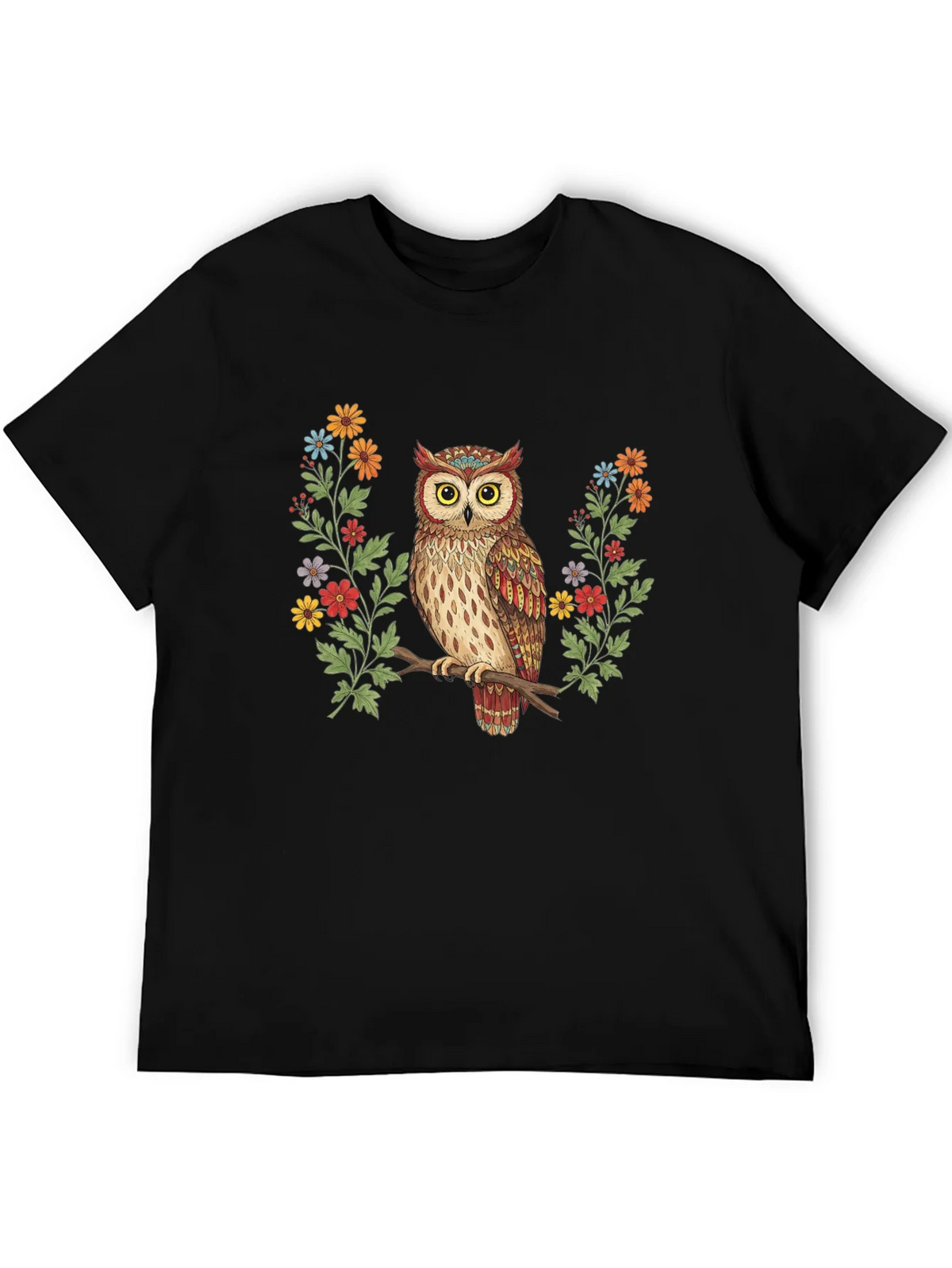 Owl and Floral Print Black T-Shirt product image 1