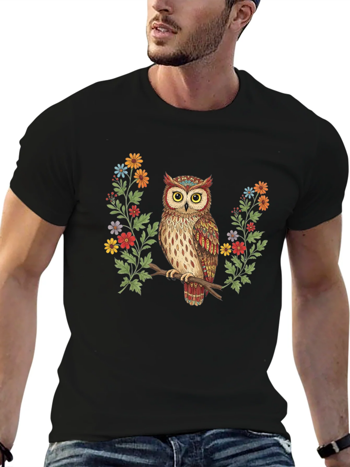 Owl and Floral Print Black T-Shirt product image 2