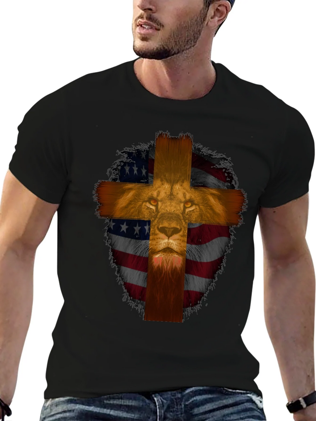 Lion Cross American Flag Graphic T-Shirt product image 6