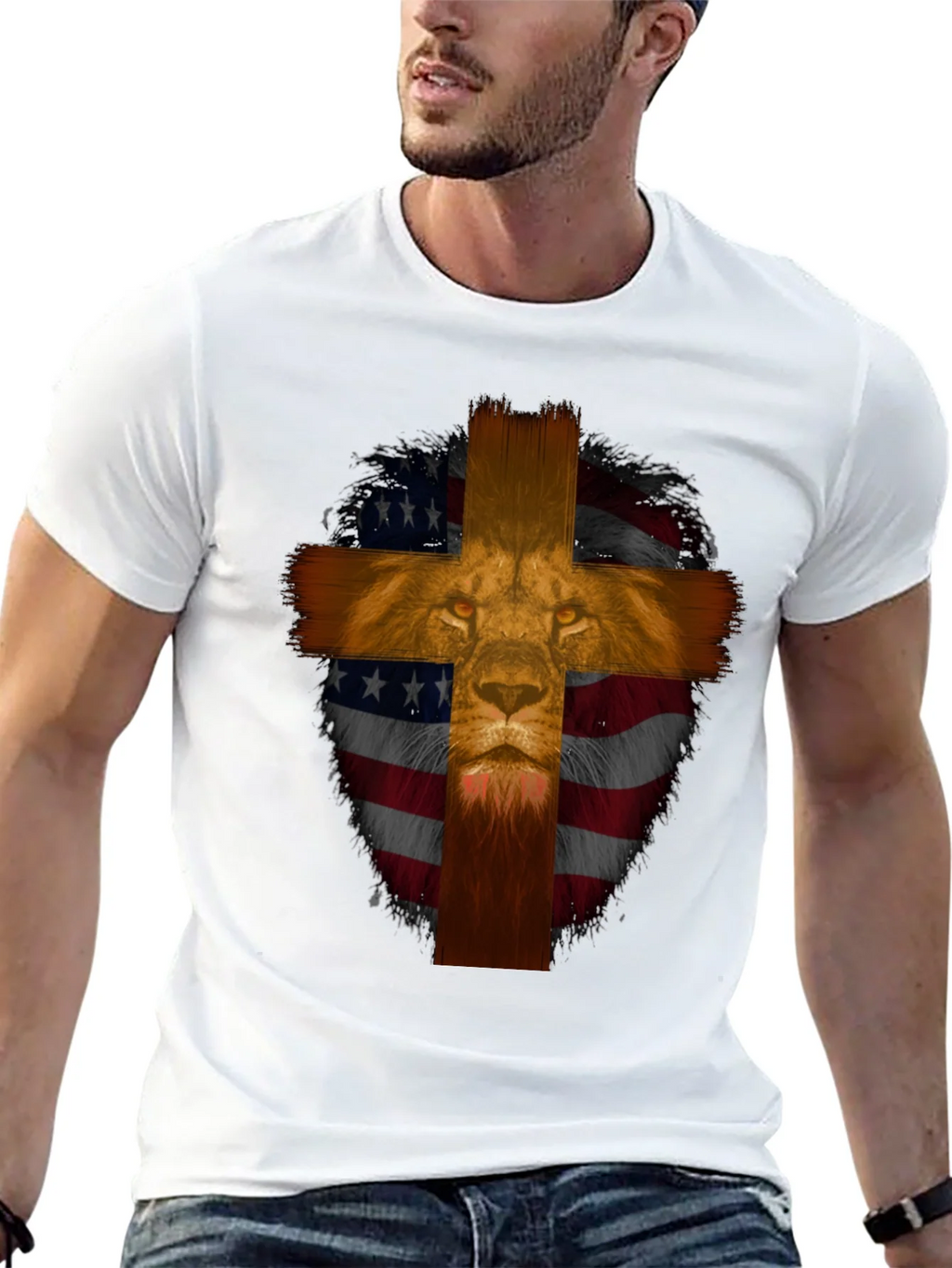 Lion Cross American Flag Graphic T-Shirt product image 12