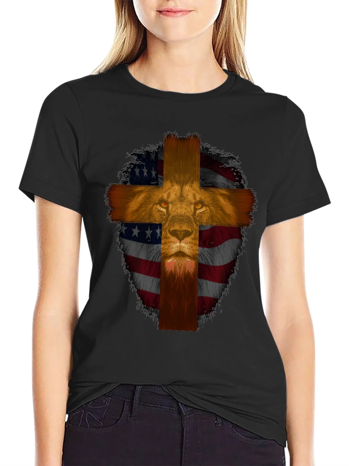 Lion Cross American Flag Graphic T-Shirt product image 2