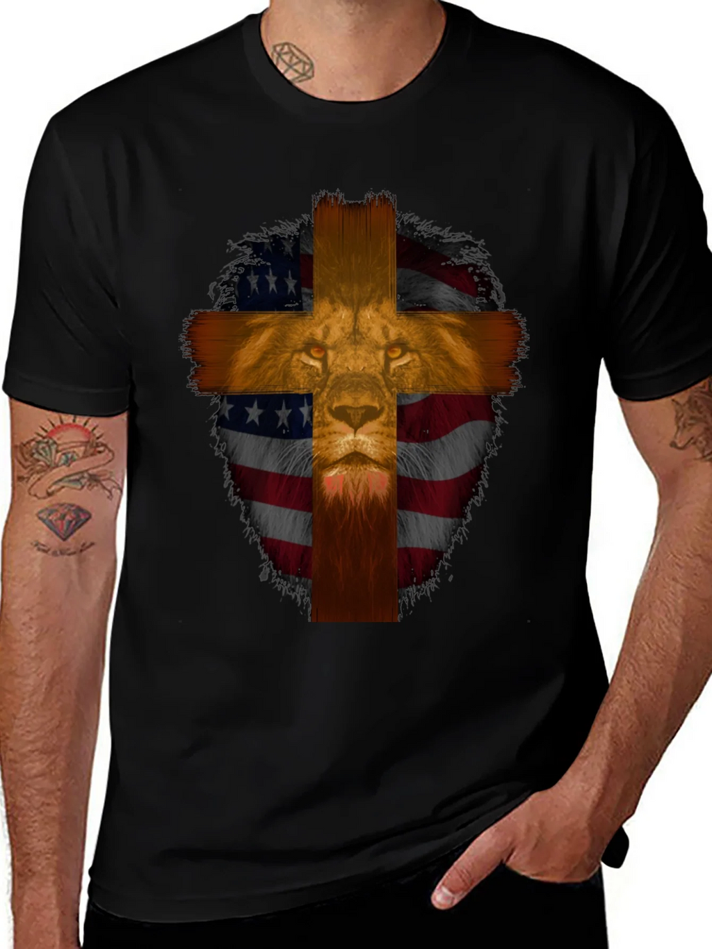 Lion Cross American Flag Graphic T-Shirt product image 1