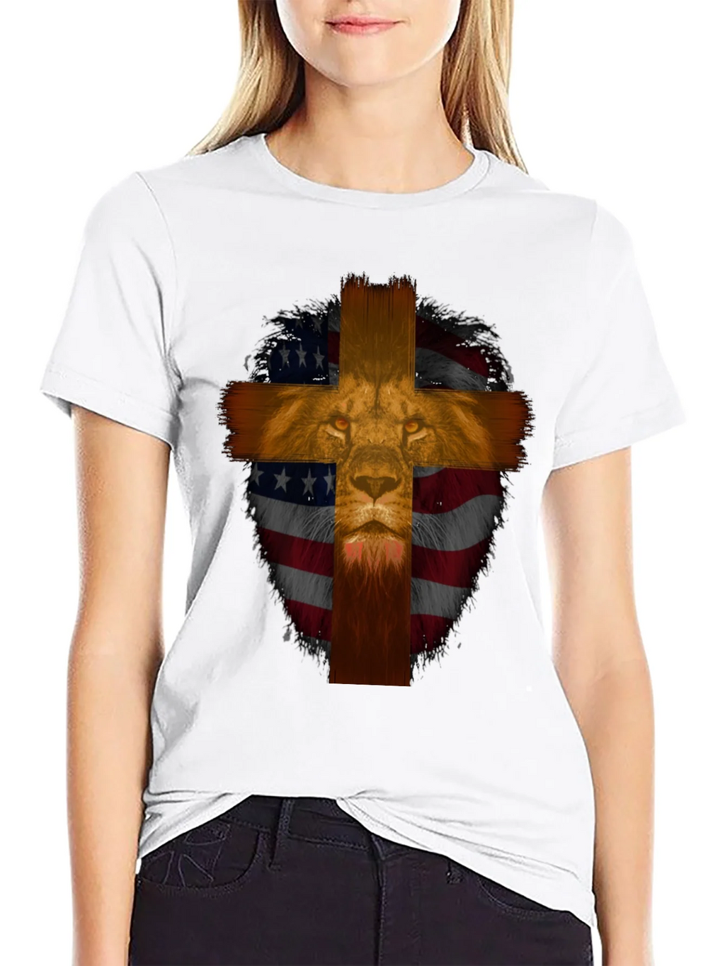 Lion Cross American Flag Graphic T-Shirt product image 8
