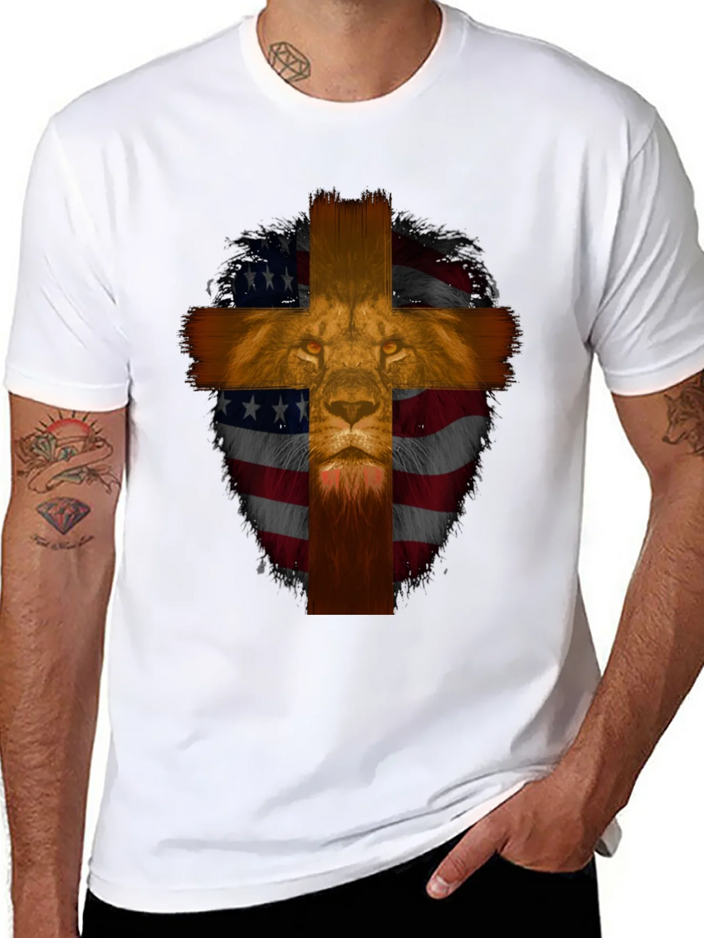 Lion Cross American Flag Graphic T-Shirt product image 7
