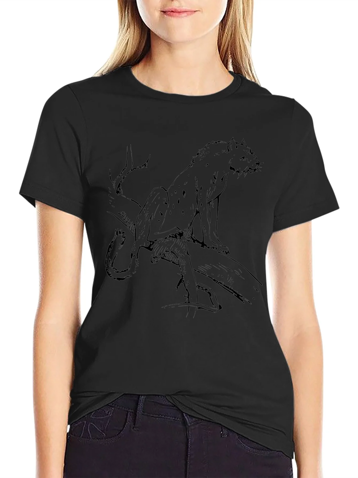 Mens Black T-Shirt with Leopard Sketch Graphic product image 2
