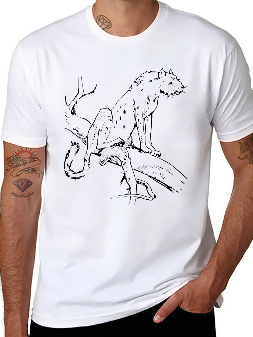 Mens Black T-Shirt with Leopard Sketch Graphic product image 7