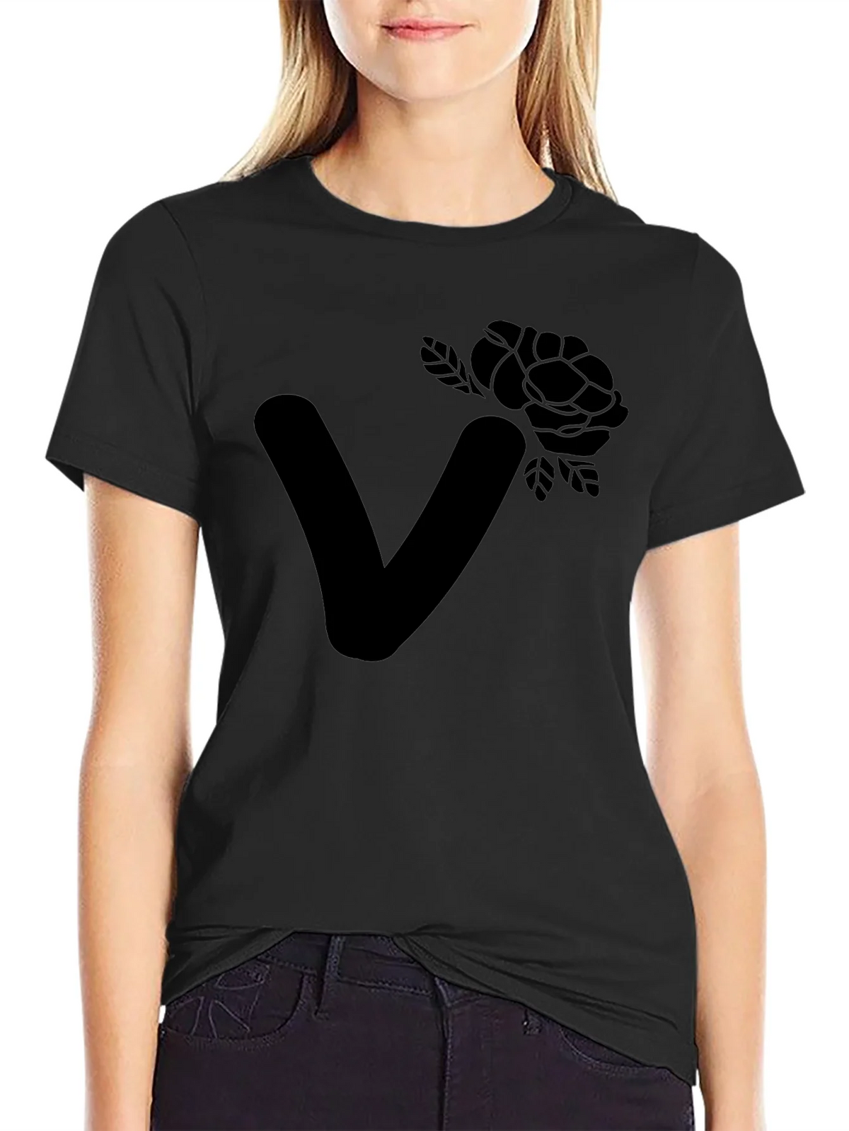 Stylish Black T-Shirt with Floral Letter V Design product image 2