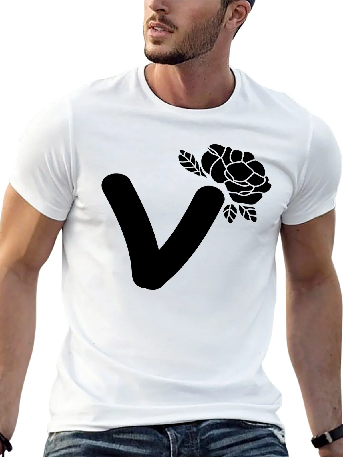 Stylish Black T-Shirt with Floral Letter V Design product image 12