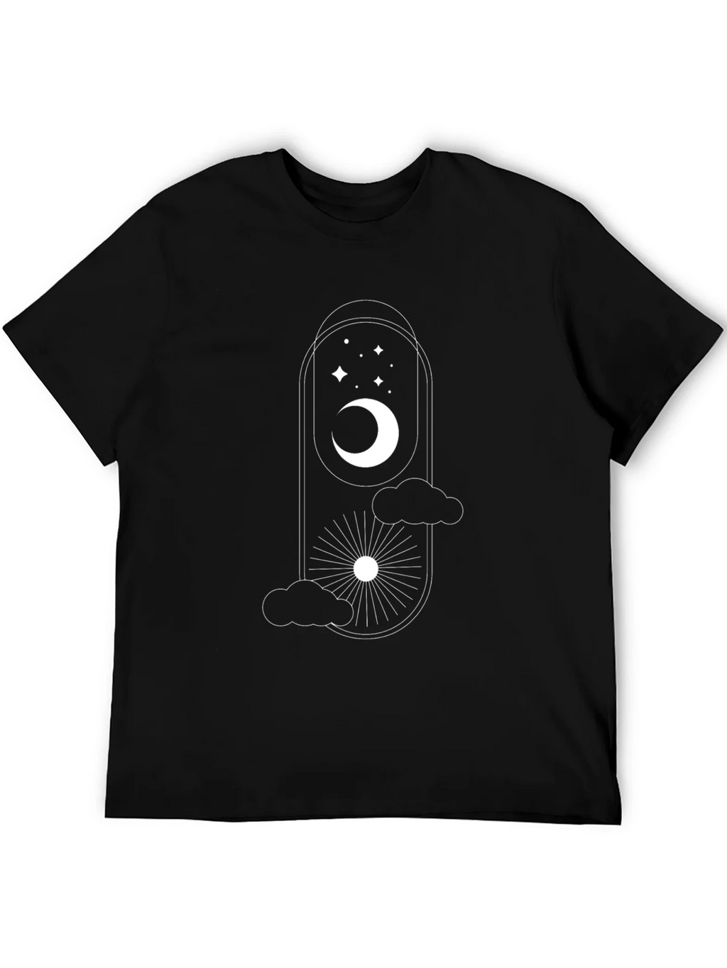 Celestial Dreams Black T-Shirt: Moon Stars & Sun Design product image 3