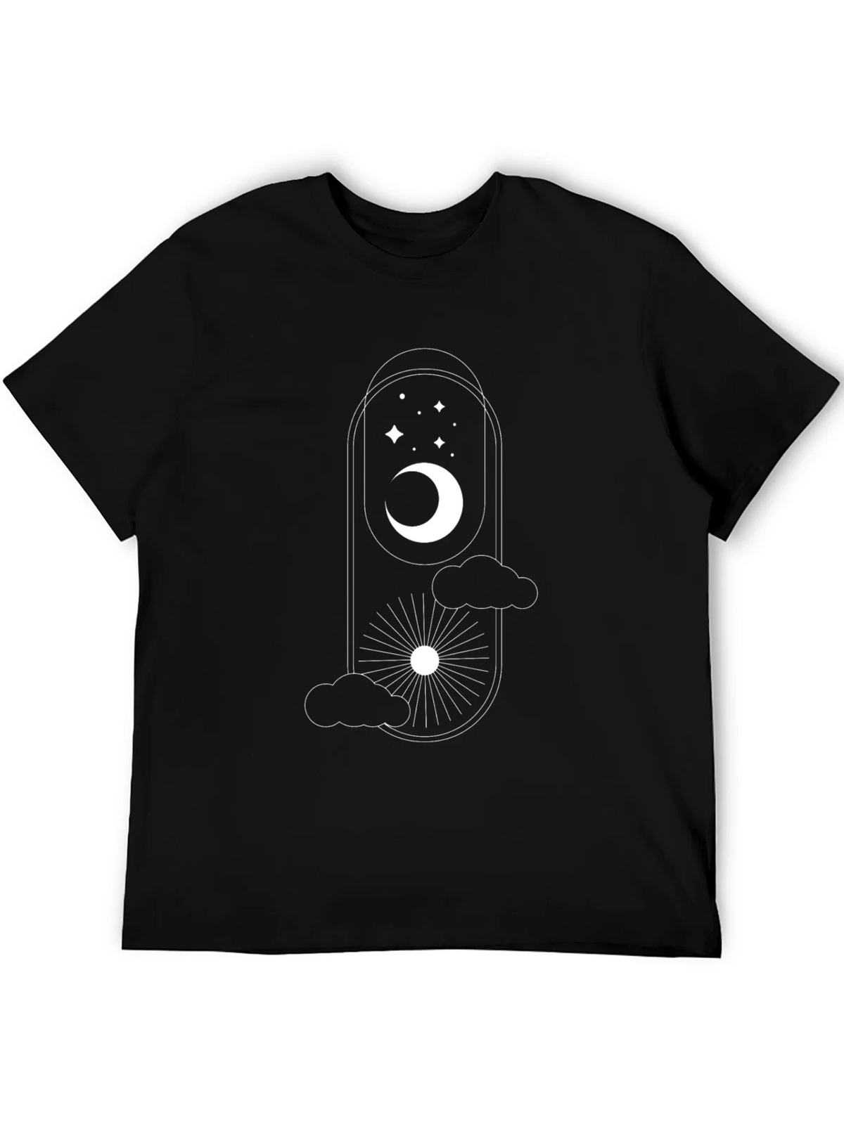 Celestial Dreams Black T-Shirt: Moon Stars & Sun Design product image 3