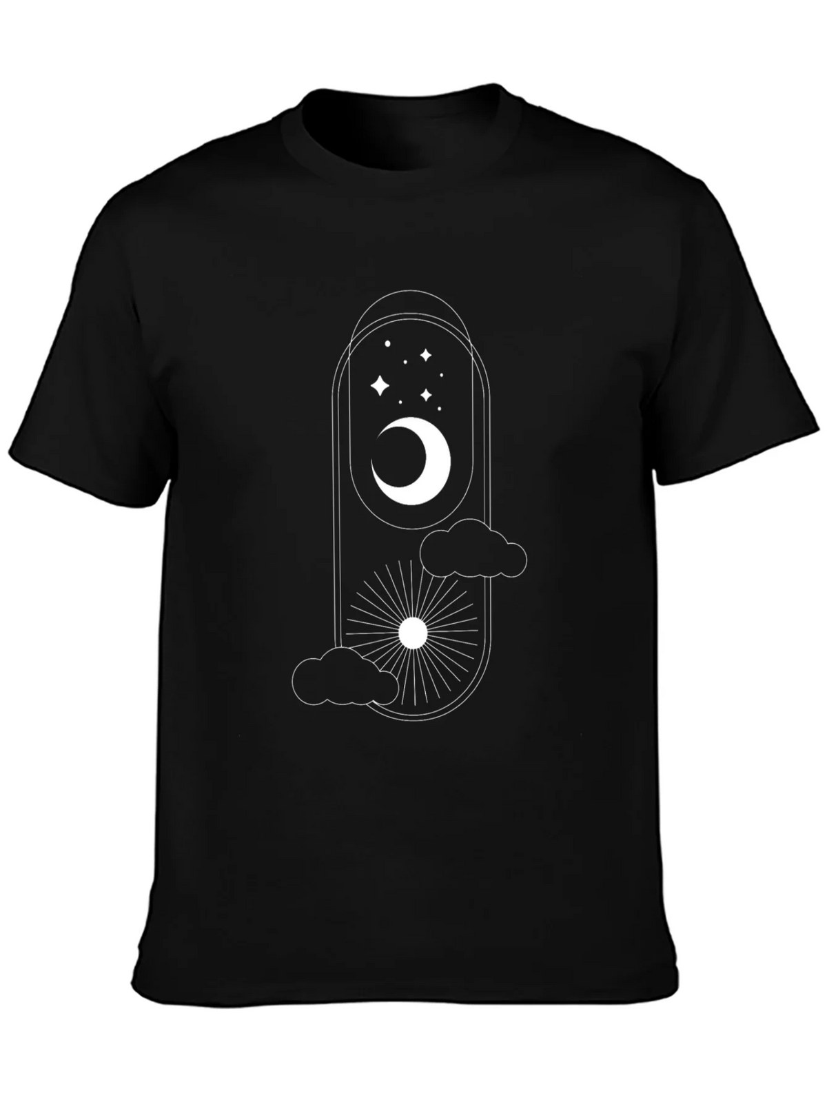 Celestial Dreams Black T-Shirt: Moon Stars & Sun Design product image 2