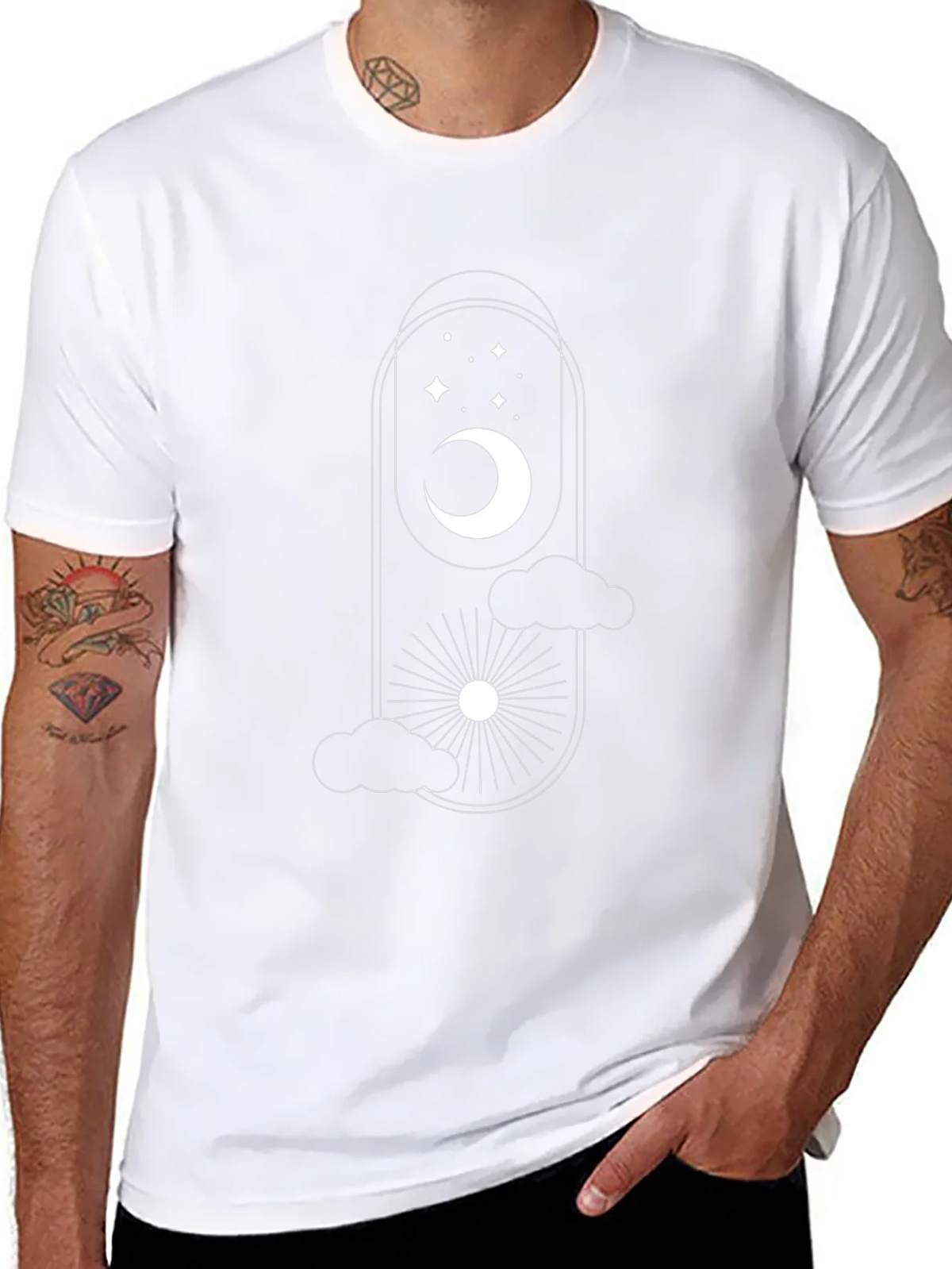 Celestial Dreams Black T-Shirt: Moon Stars & Sun Design product image 4
