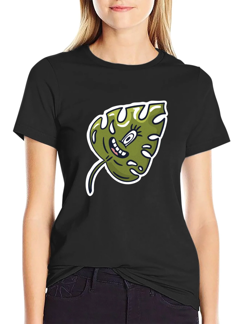 Cartoon Monstera Leaf Graphic Tee - Black Cotton Shirt product image 2