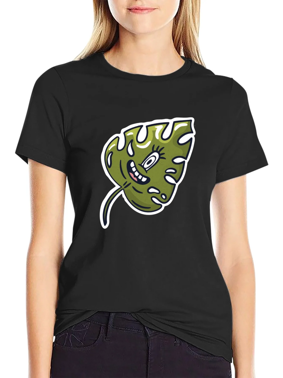 Cartoon Monstera Leaf Graphic Tee - Black Cotton Shirt product image 2