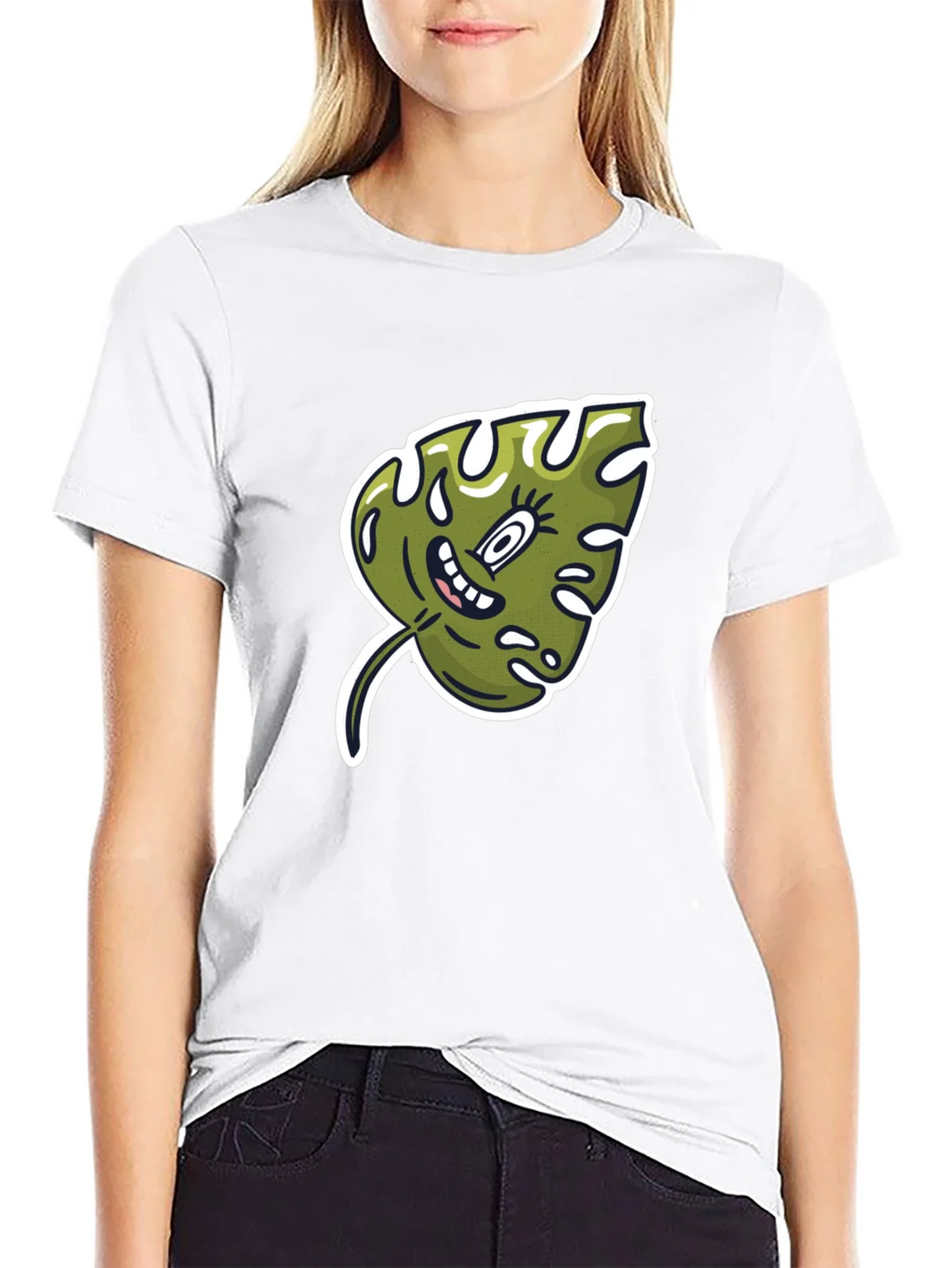 Cartoon Monstera Leaf Graphic Tee - Black Cotton Shirt product image 8