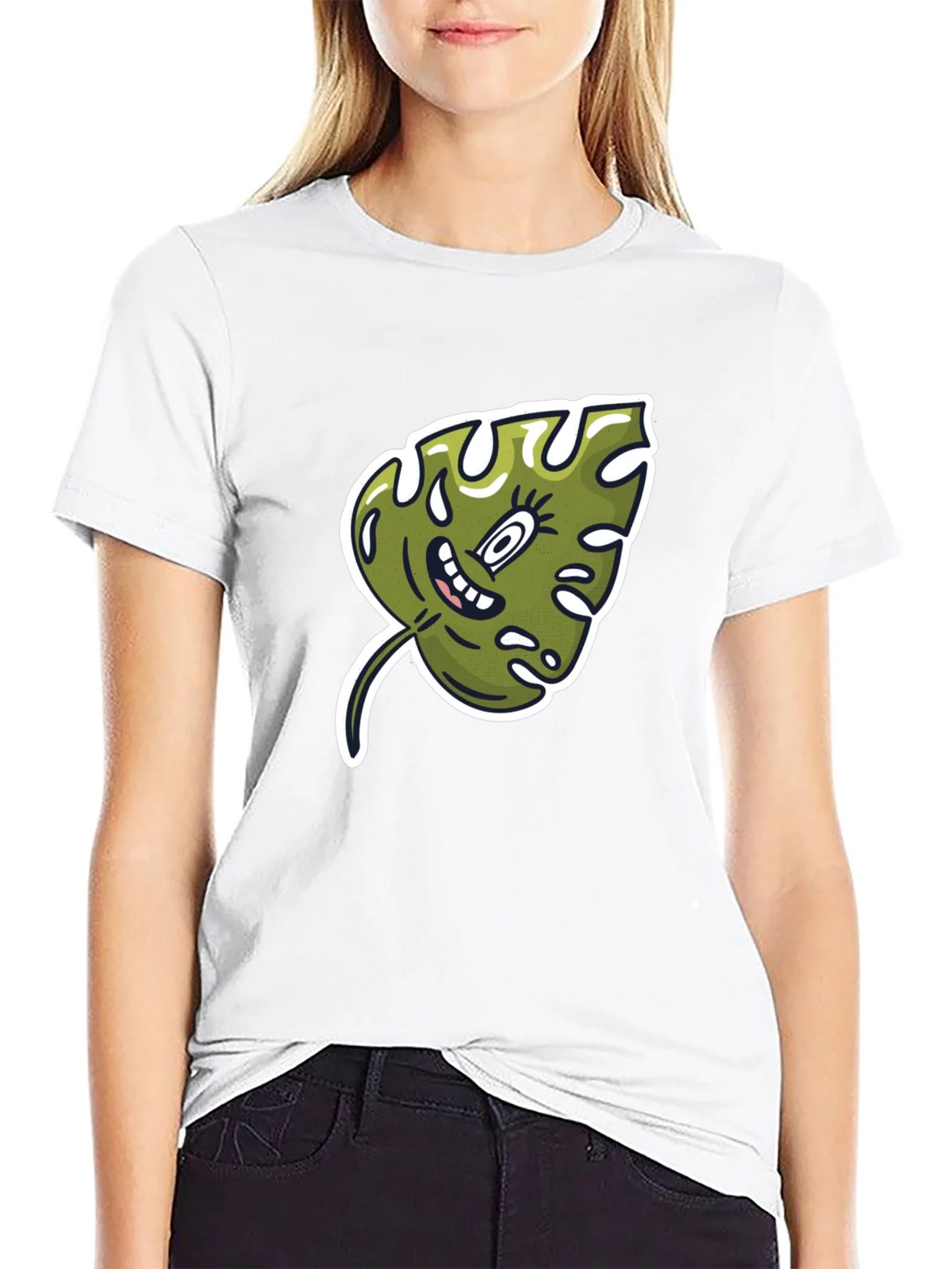 Cartoon Monstera Leaf Graphic Tee - Black Cotton Shirt product image 8