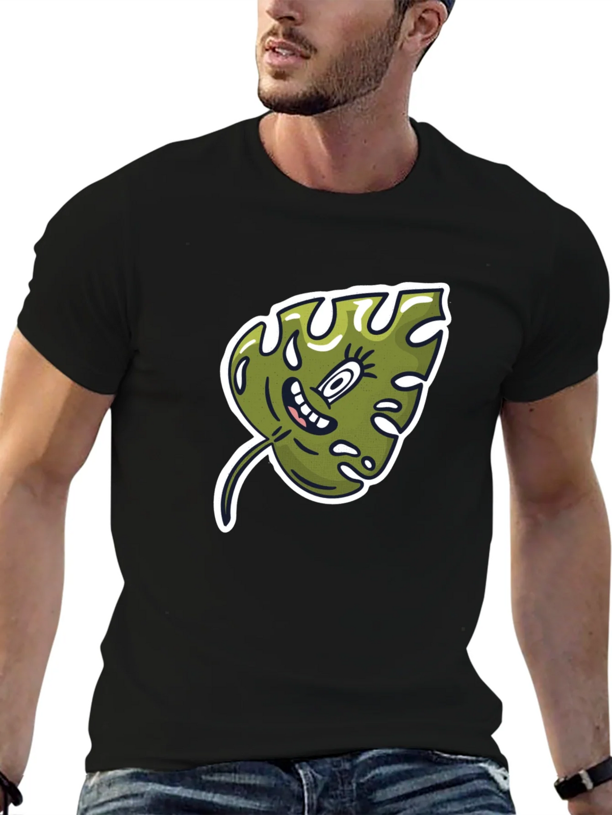 Cartoon Monstera Leaf Graphic Tee - Black Cotton Shirt product image 6