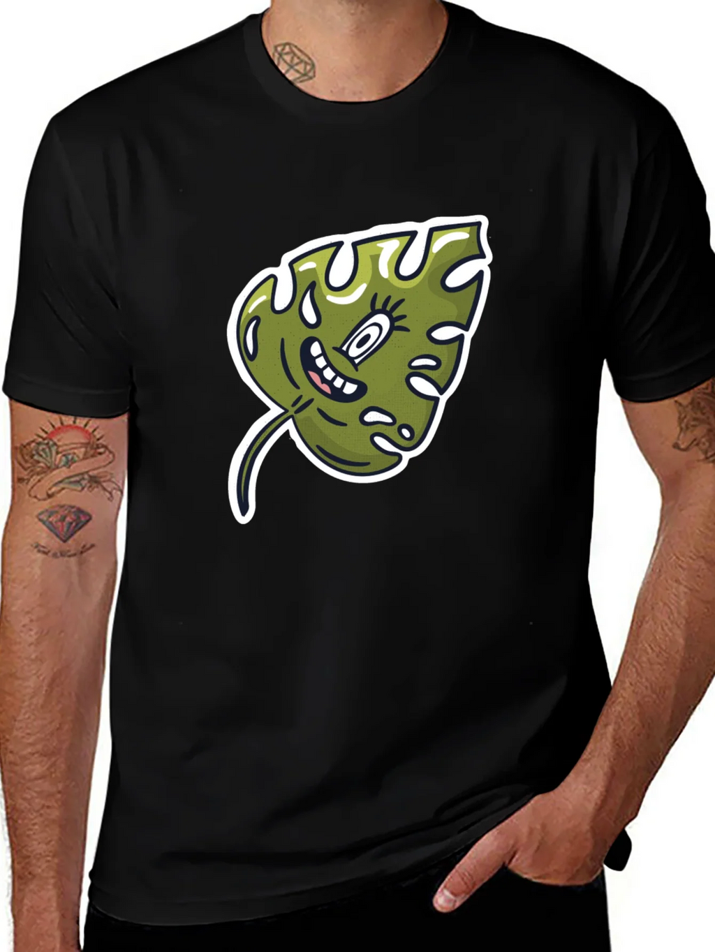 Cartoon Monstera Leaf Graphic Tee - Black Cotton Shirt product image 1