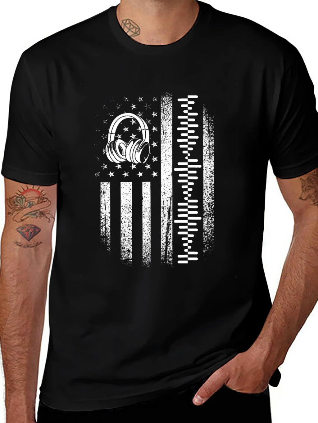 Distressed USA Flag Headphones Graphic Tee product image 1