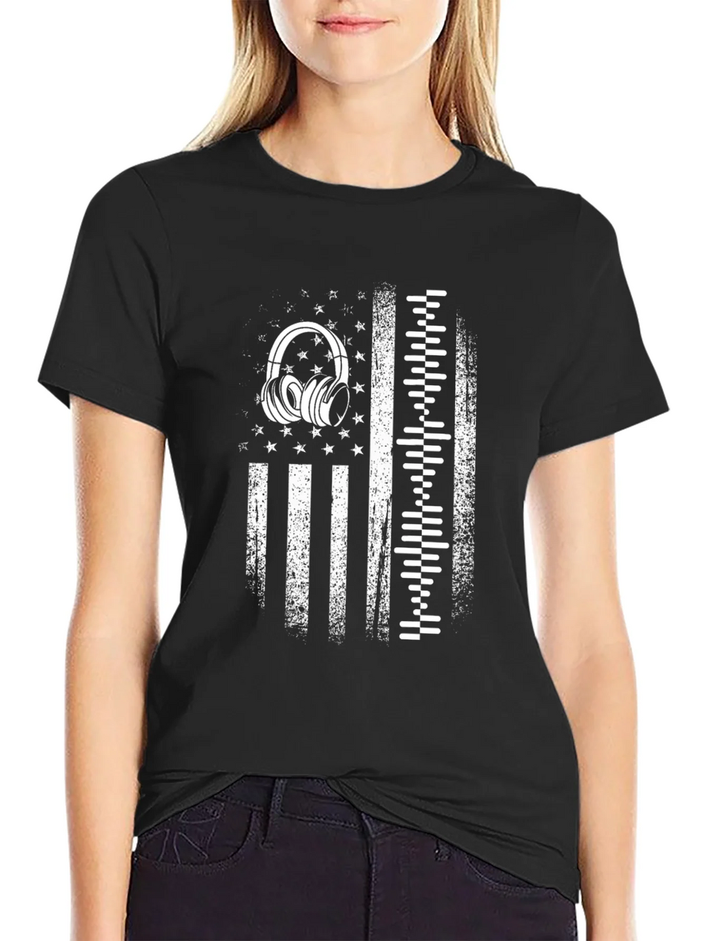 Distressed USA Flag Headphones Graphic Tee product image 2