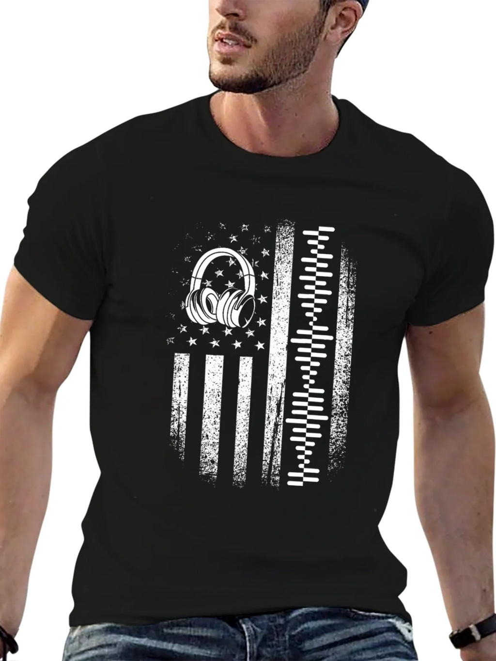 Distressed USA Flag Headphones Graphic Tee product image 6