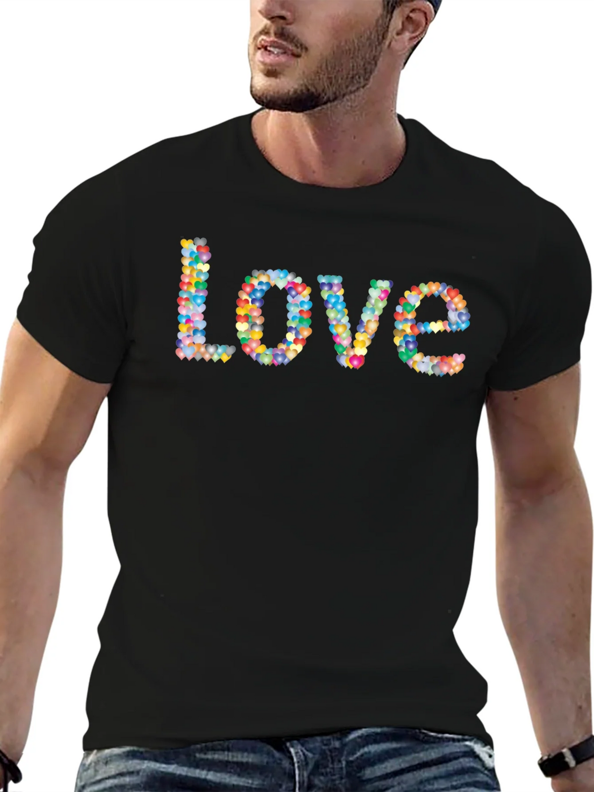 Colorful Heart Love Graphic Black T-Shirt product image 6