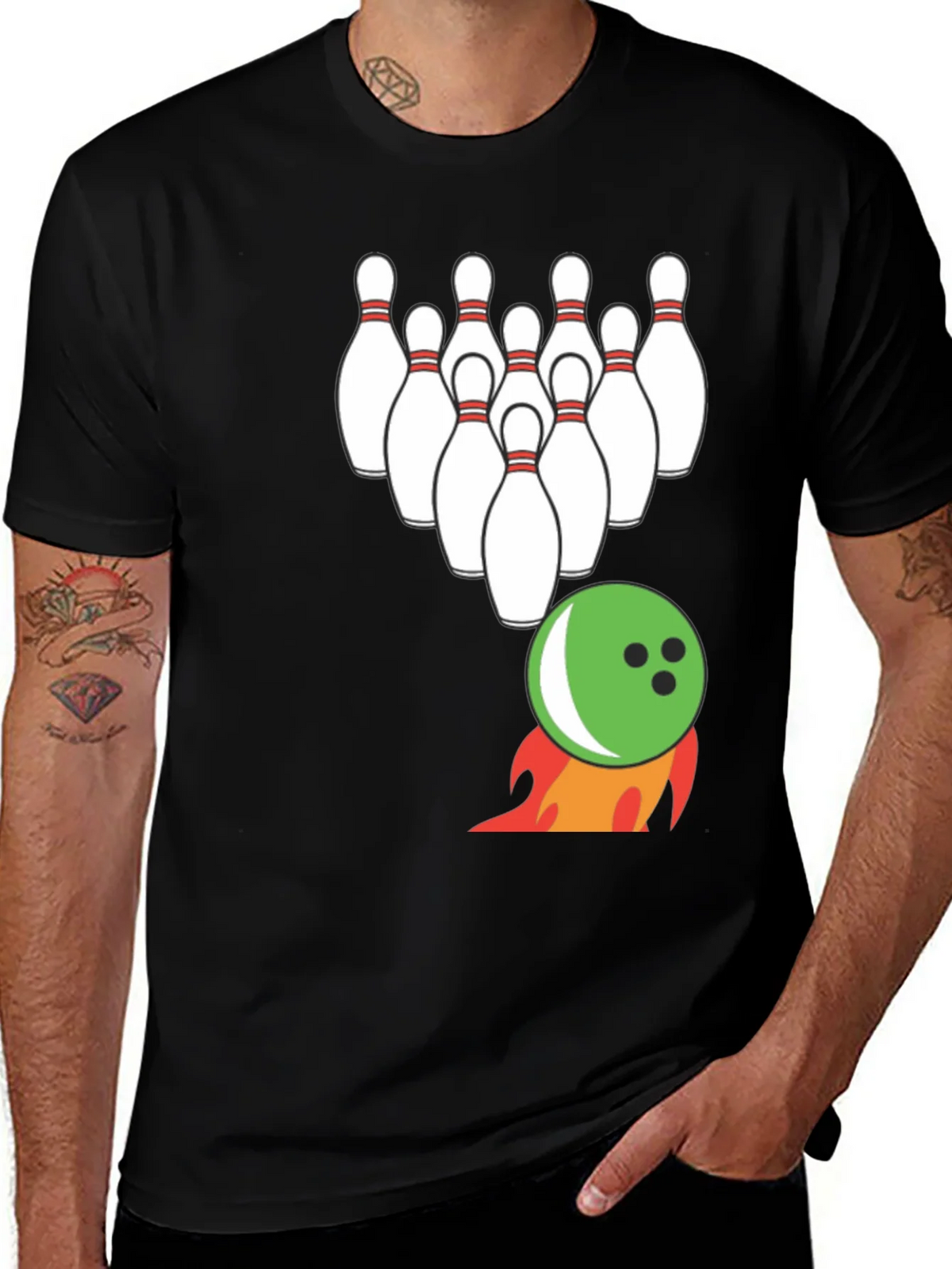 Bowling Strike T-Shirt: Flaming Ball & Pins Design product image 1