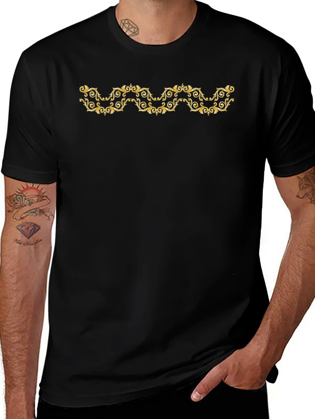 Elegant Gold Scroll Black T-Shirt product image 1