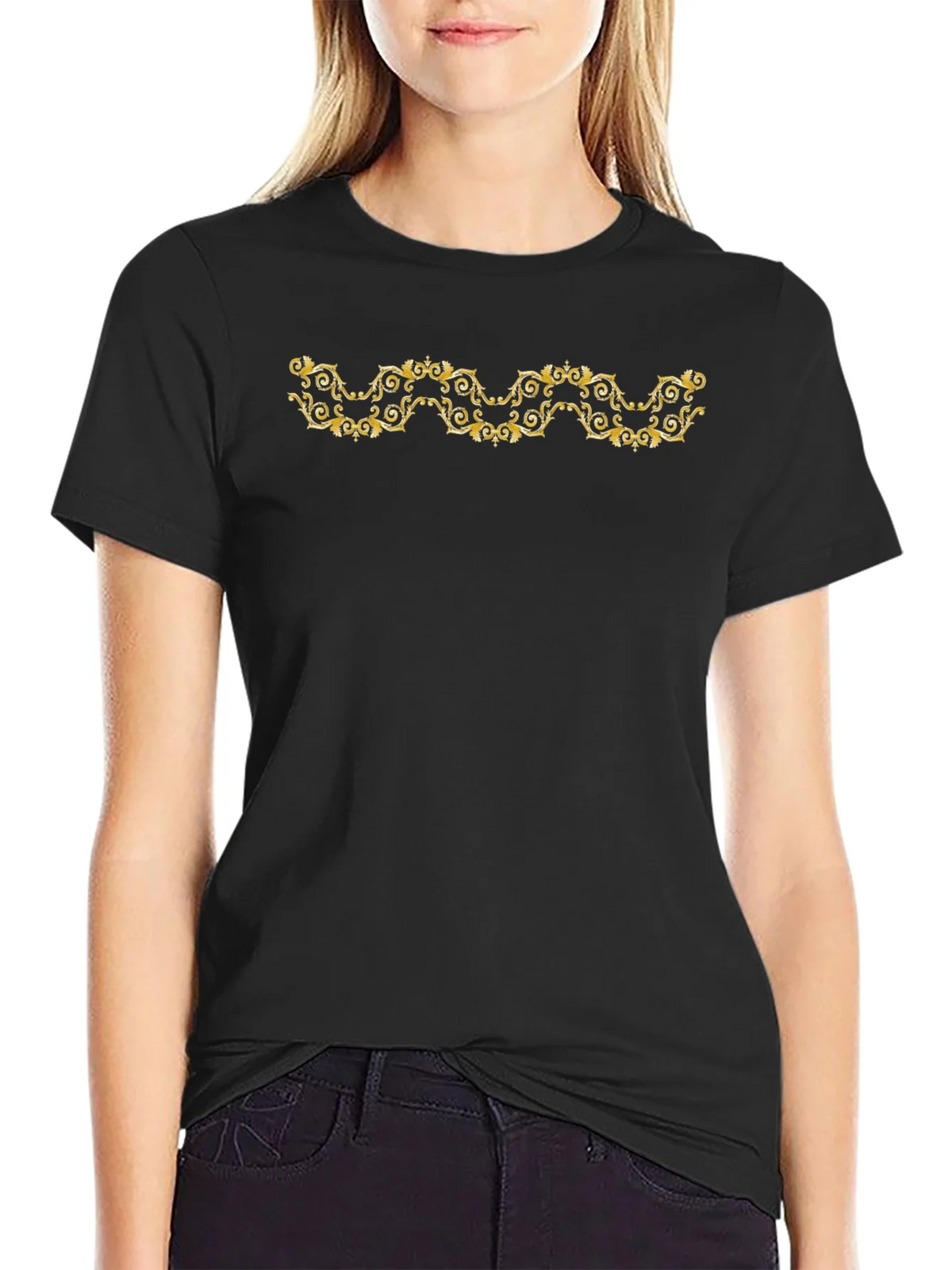 Elegant Gold Scroll Black T-Shirt product image 2