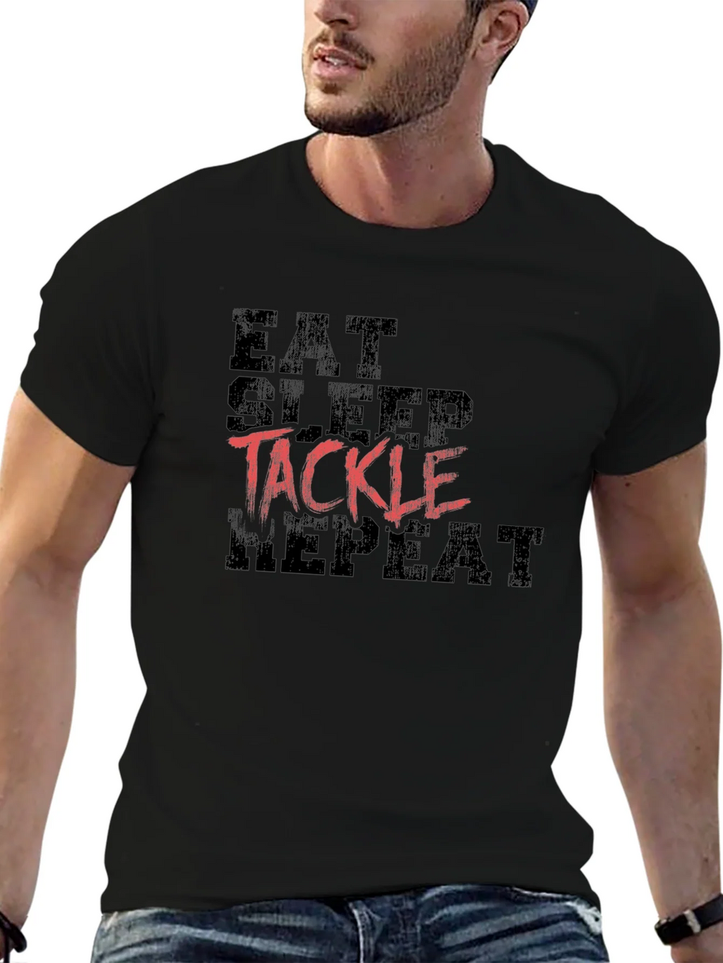 Eat Sleep Tackle Repeat Black T-Shirt product image 6
