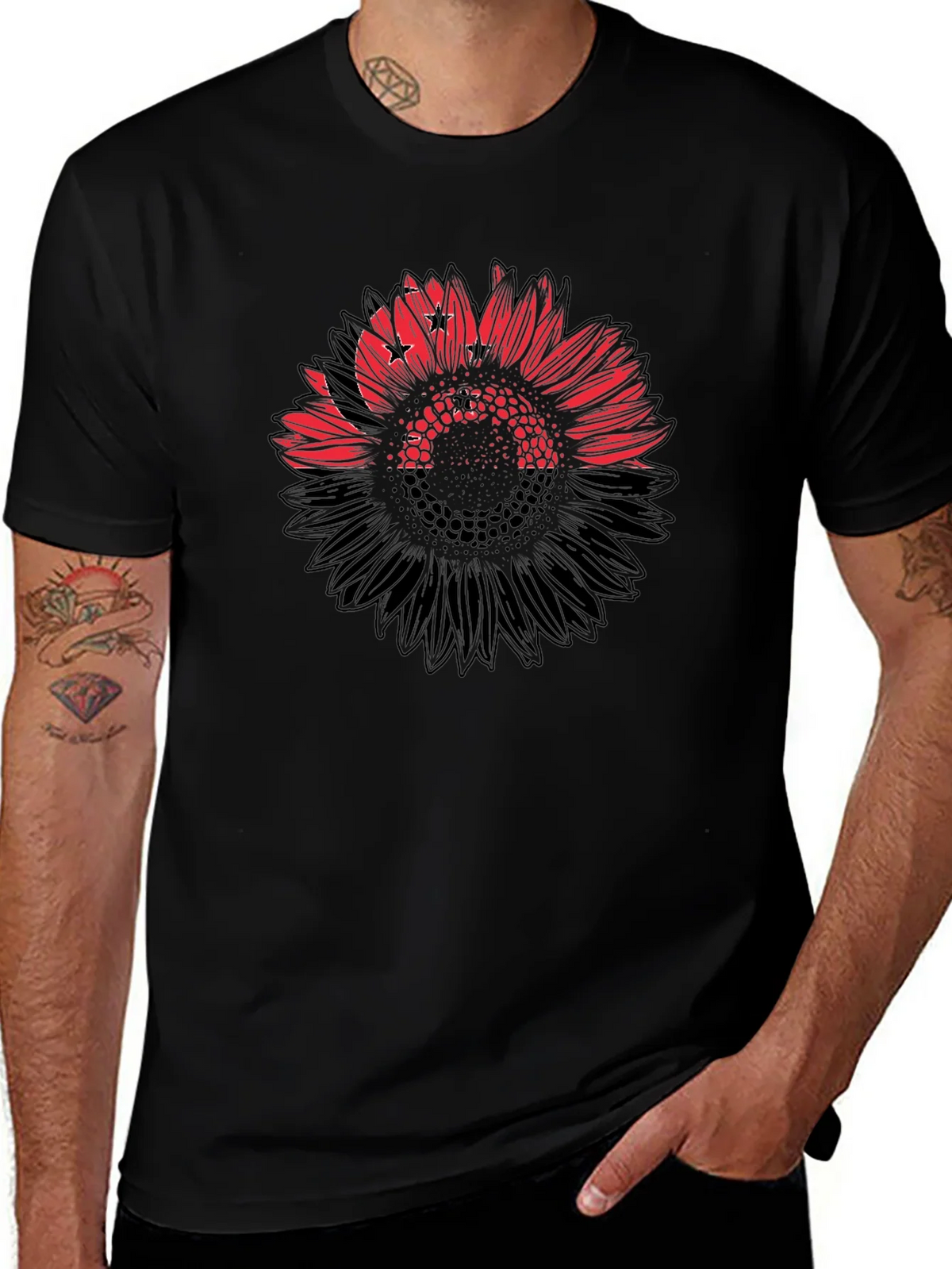 Mens Black T-Shirt with Sunflower Design product image 1
