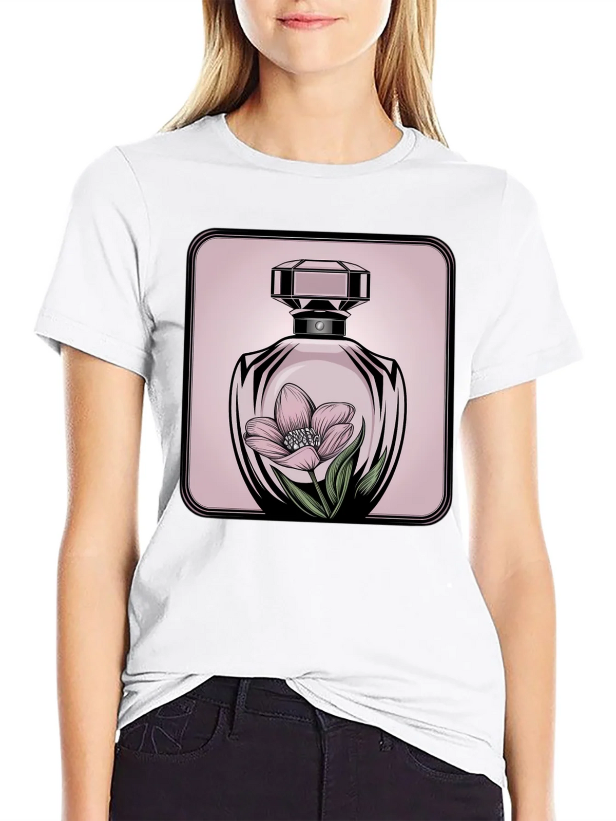 Floral Perfume Bottle Graphic Tee - Stylish Black T-Shirt product image 7