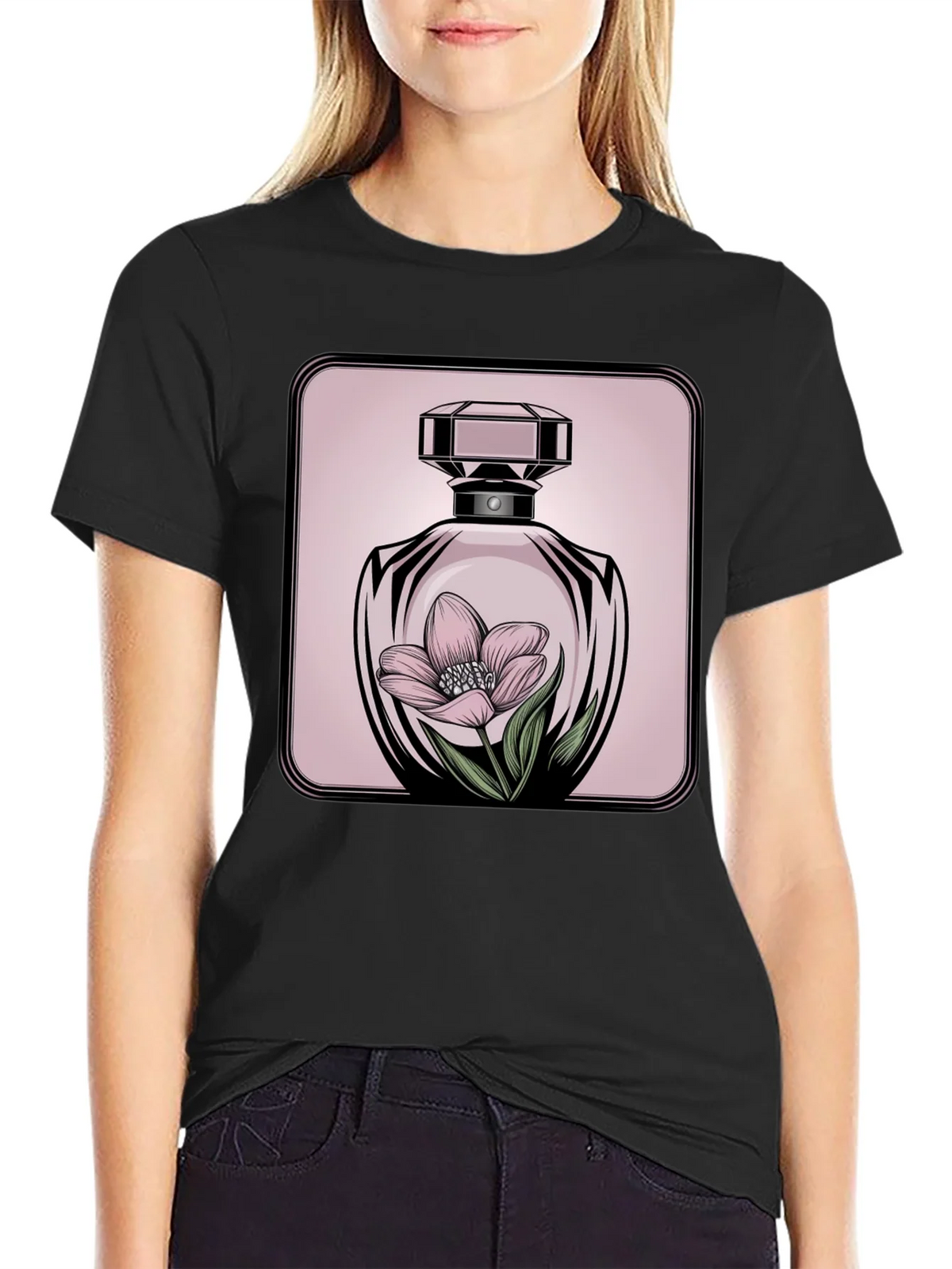 Floral Perfume Bottle Graphic Tee - Stylish Black T-Shirt product image 2