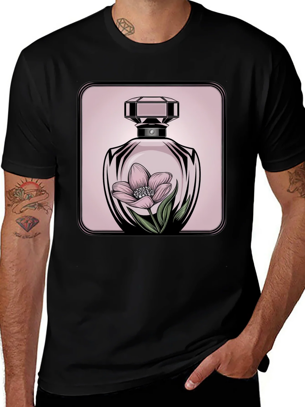 Floral Perfume Bottle Graphic Tee - Stylish Black T-Shirt product image 1