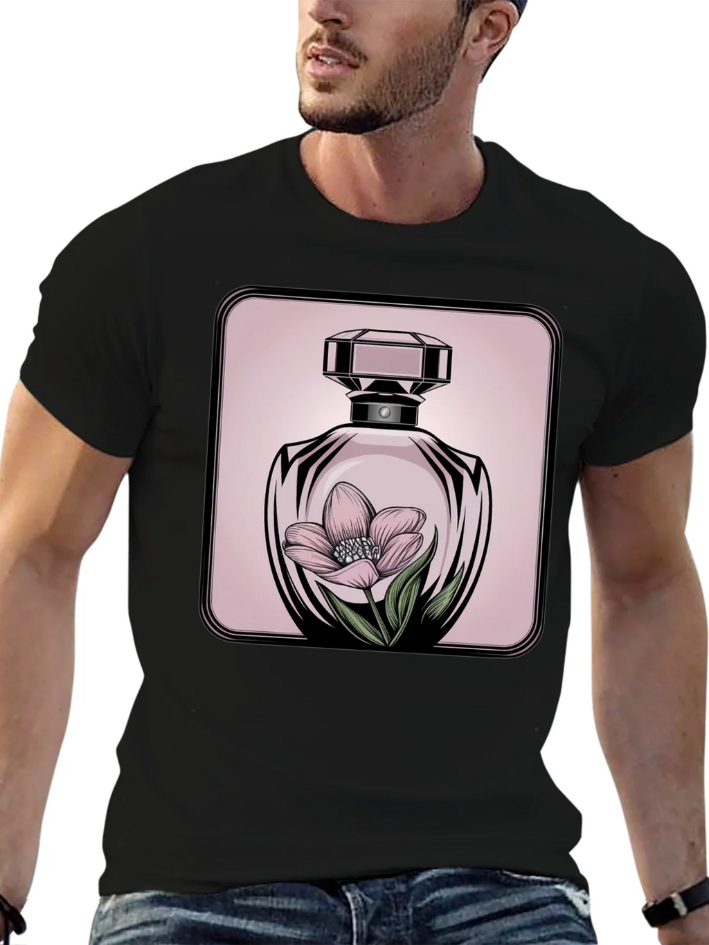 Floral Perfume Bottle Graphic Tee - Stylish Black T-Shirt product image 6