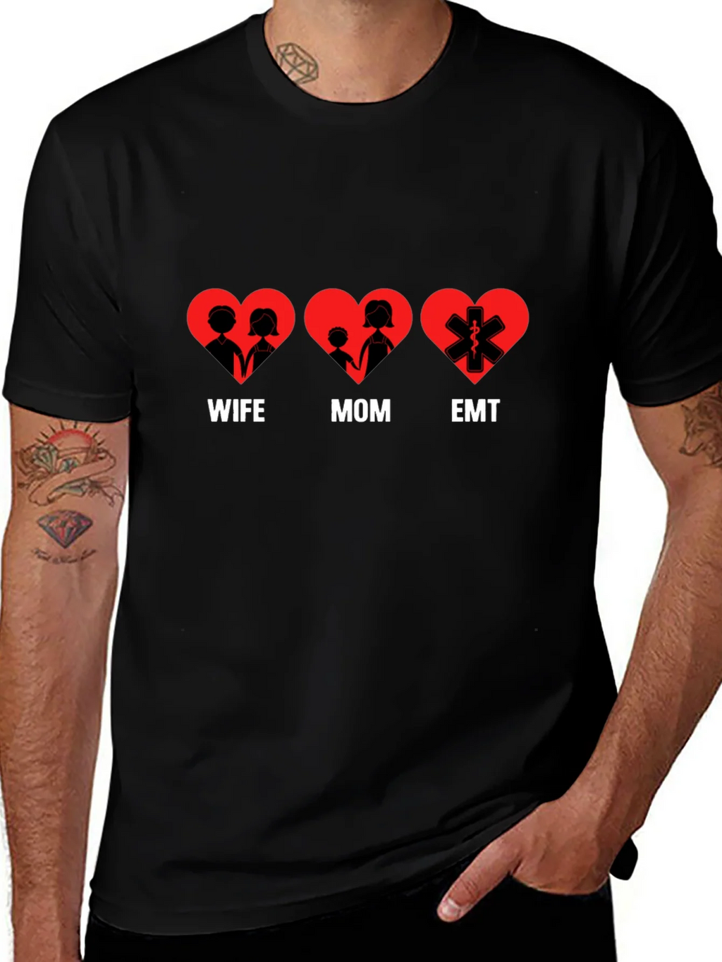 Wife Mom EMT Heart T-Shirt - Black Cotton Tee product image 1