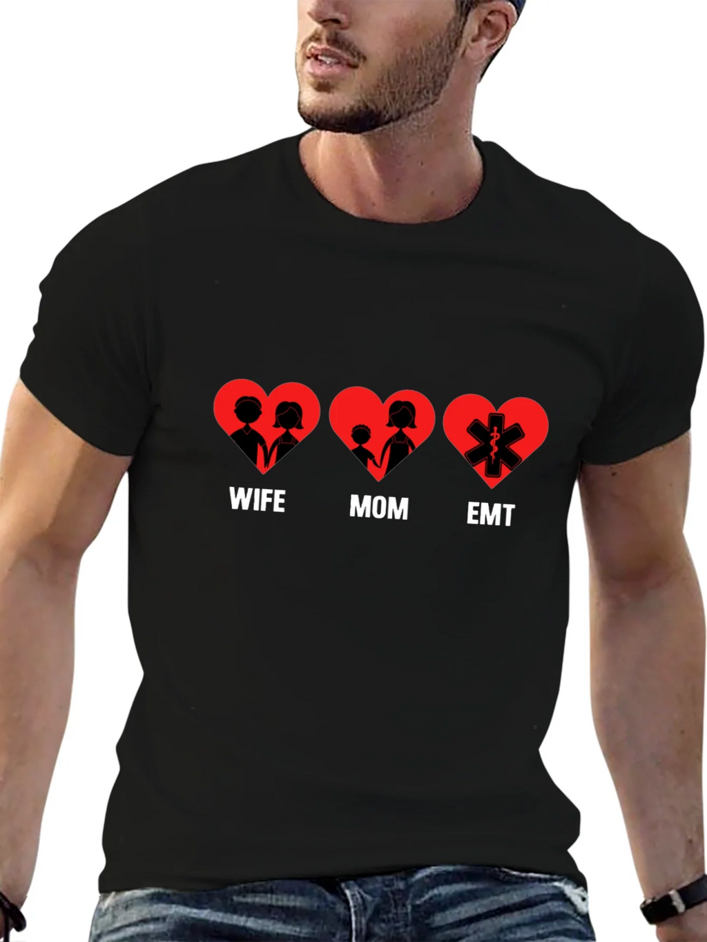 Wife Mom EMT Heart T-Shirt - Black Cotton Tee product image 6