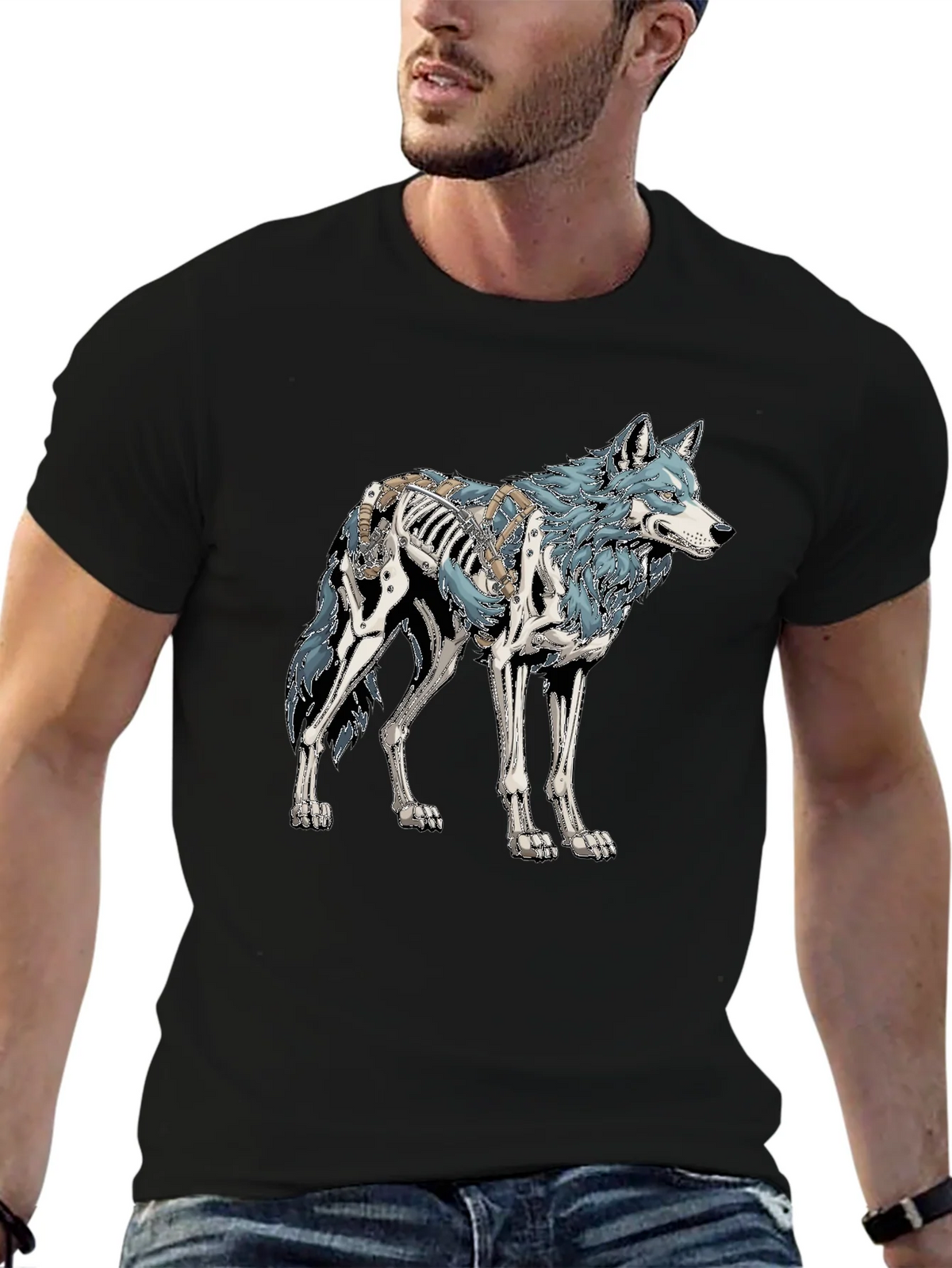 Wolf Skeleton Graphic Tee - Black Cotton T-Shirt product image 6