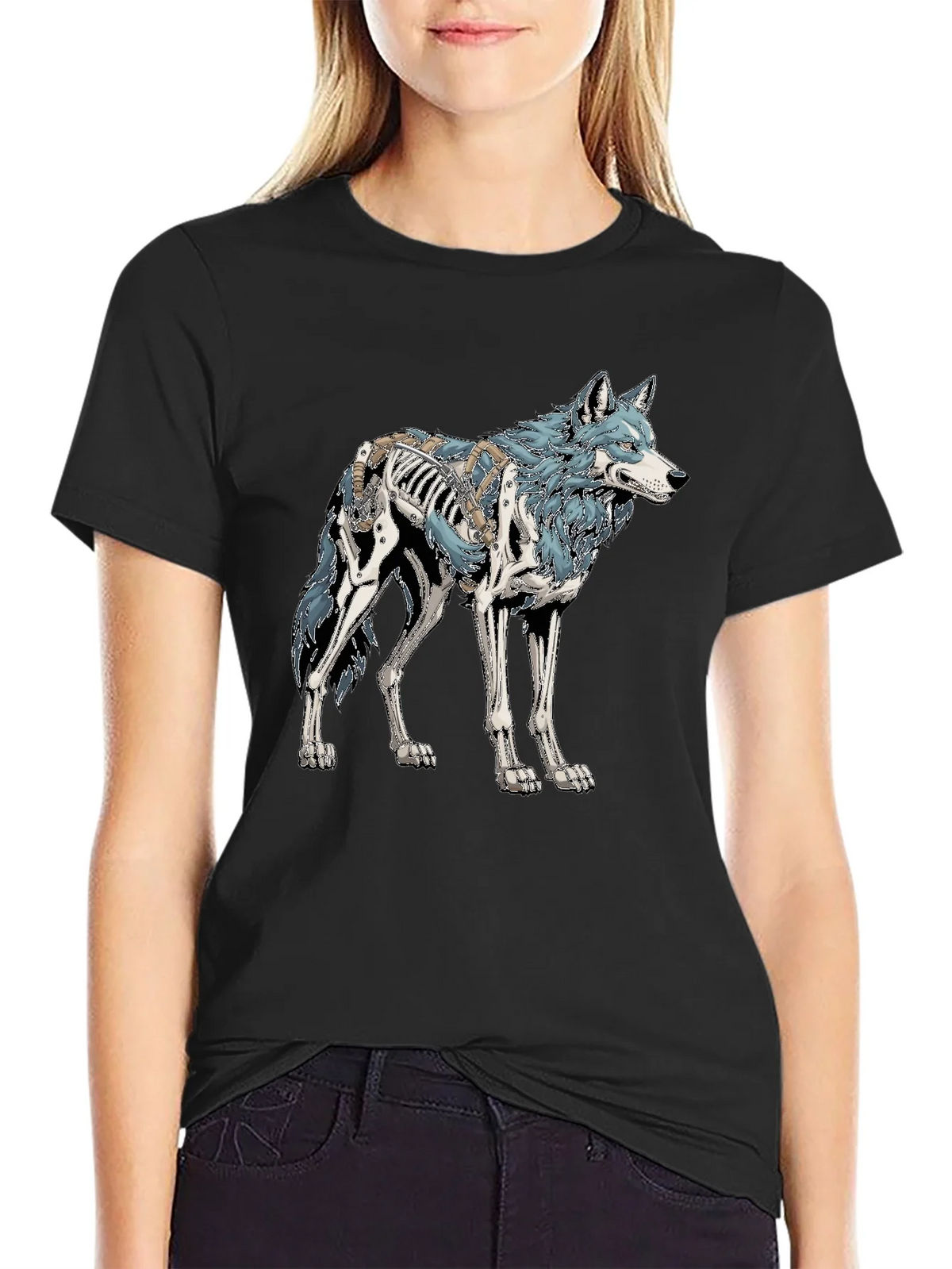 Wolf Skeleton Graphic Tee - Black Cotton T-Shirt product image 2