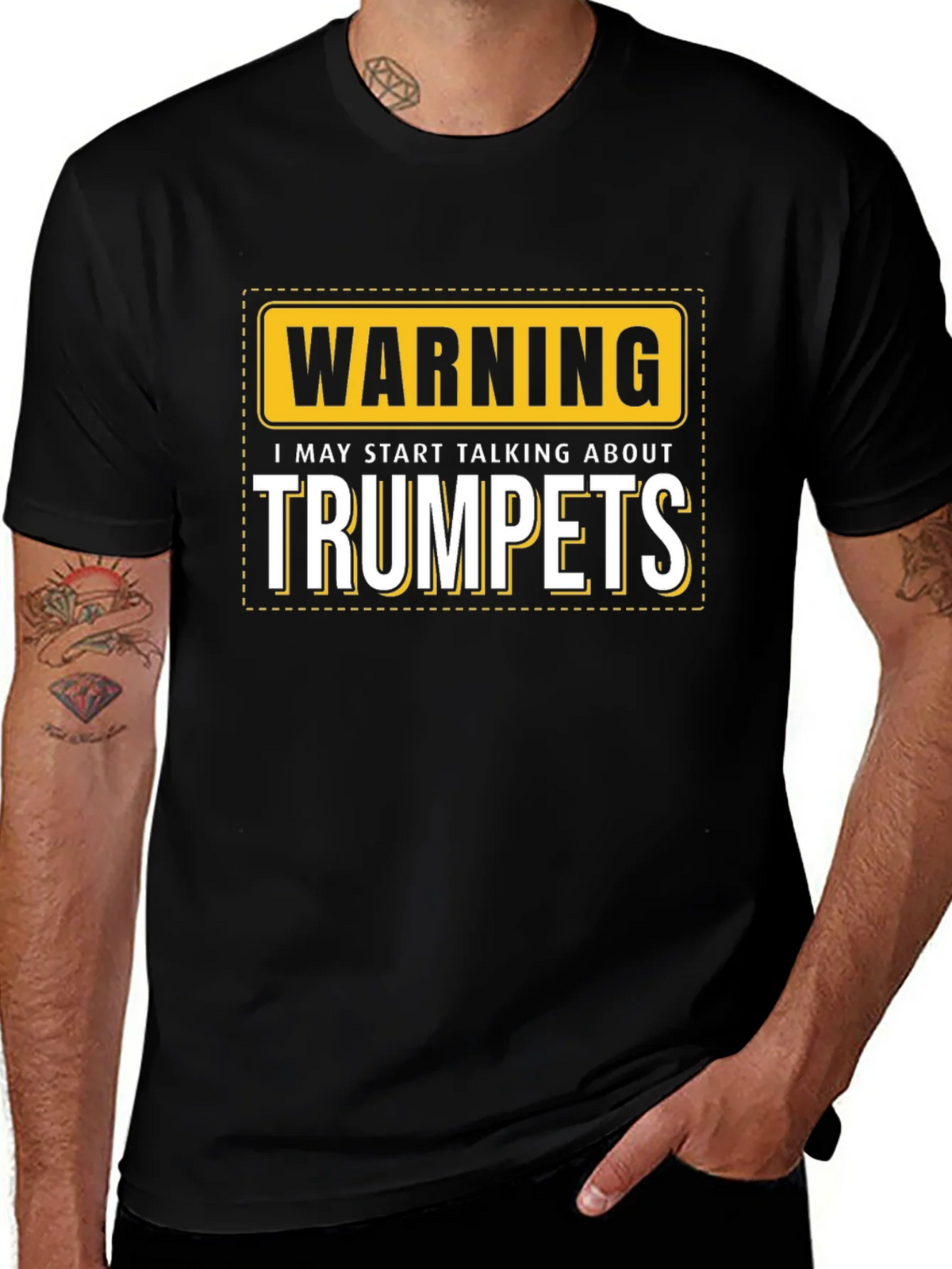 Warning: May Start Talking About Trumpets Black T-Shirt product image 1