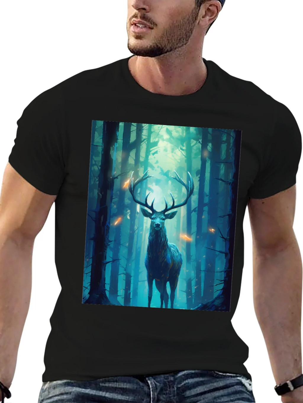 Deer in Forest Graphic Tee - Black Unisex T-Shirt product image 5