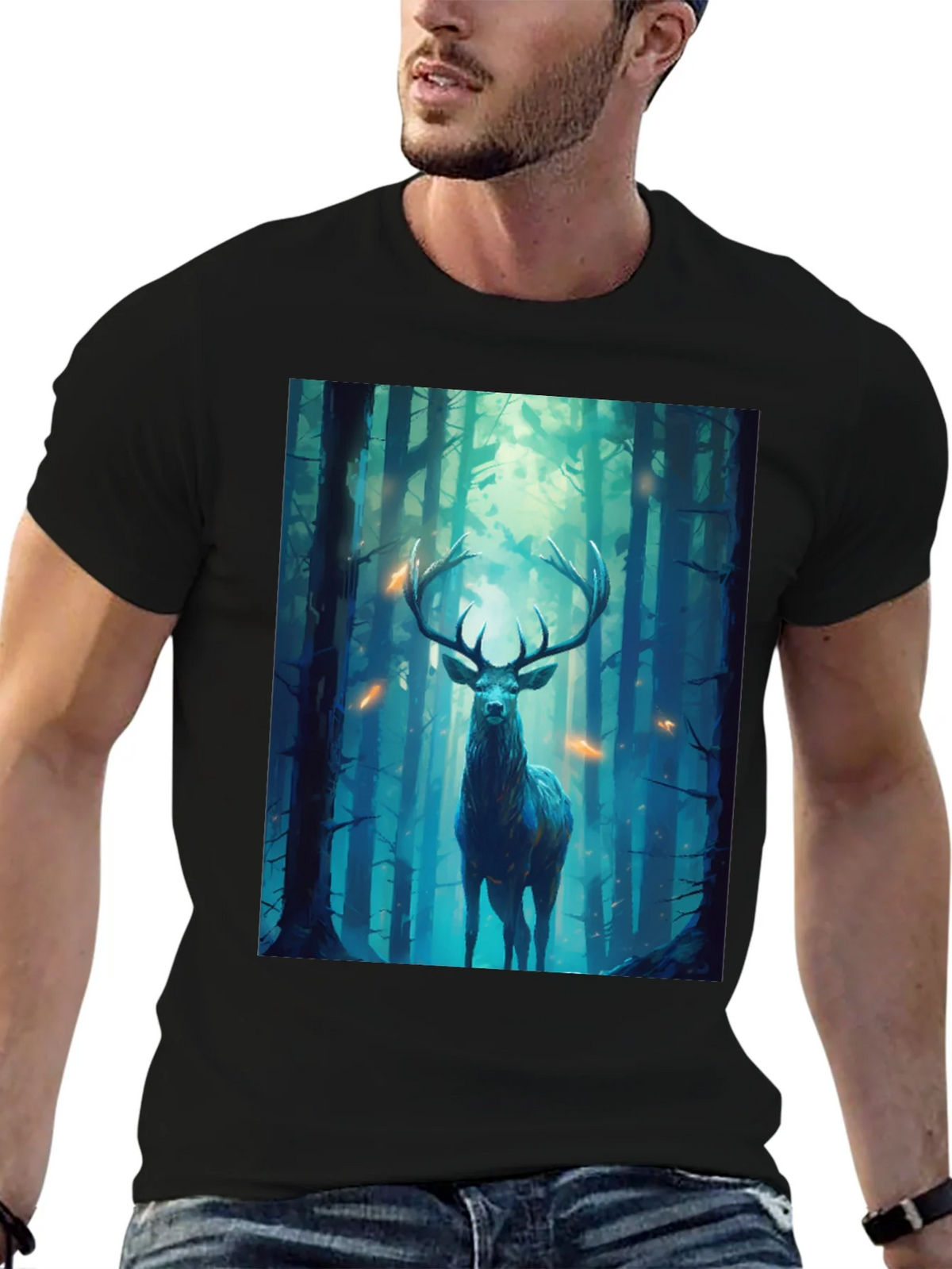 Deer in Forest Graphic Tee - Black Unisex T-Shirt product image 5