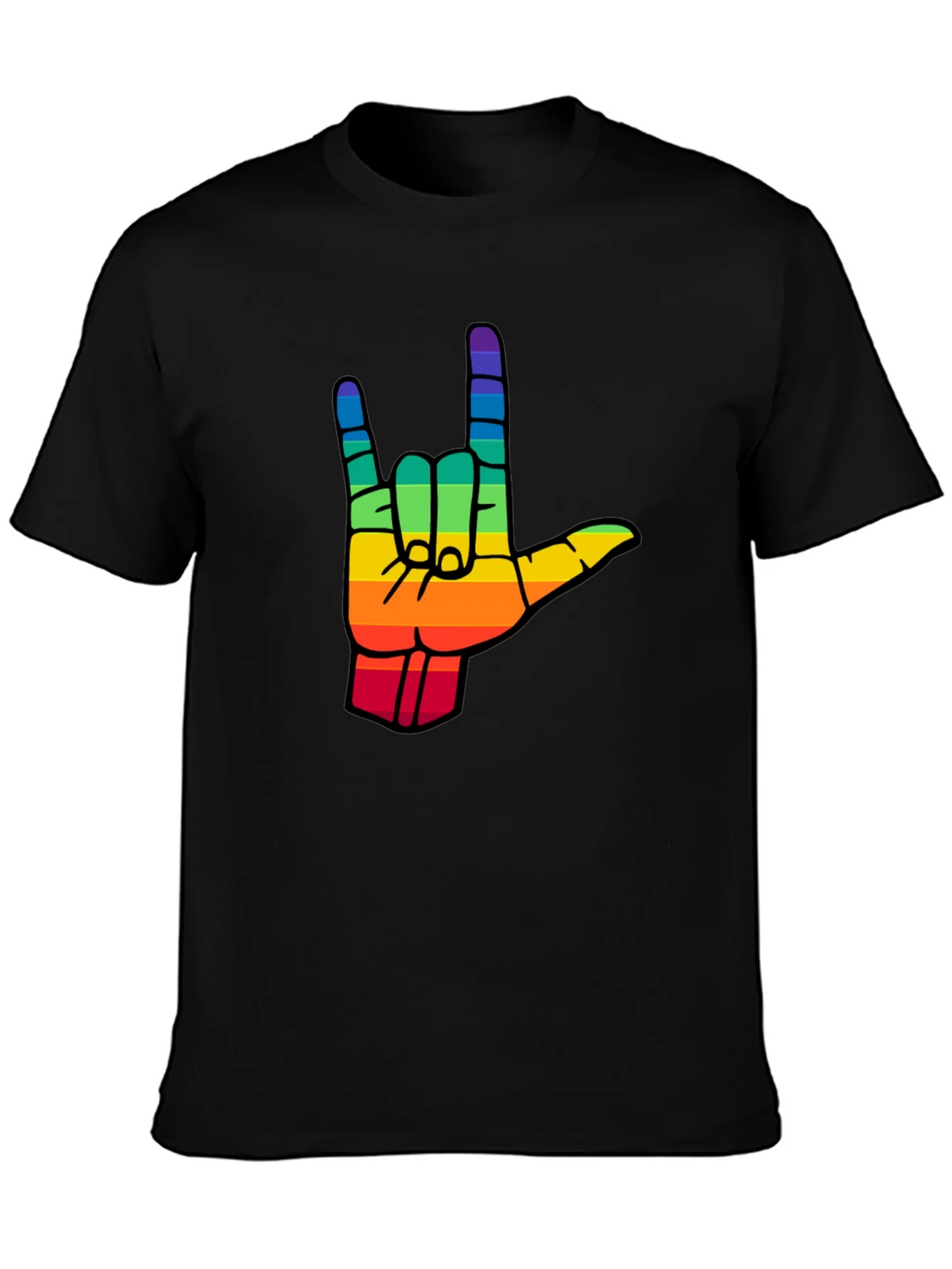Rainbow I Love You Hand Sign Black T-Shirt product image 3